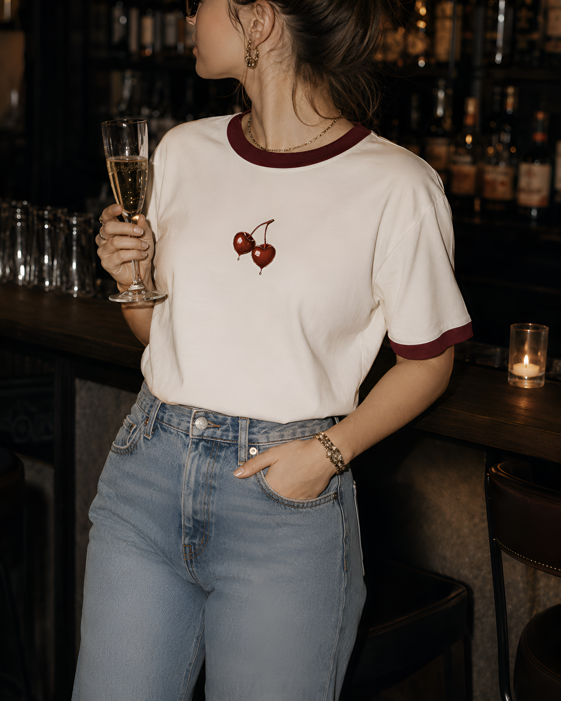 CHERRY LIPS — OFF WHITE & MAROON RINGER TEE